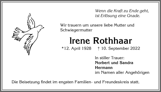 Traueranzeige von lrene Rothhaar von Allgäuer Zeitung,Kempten