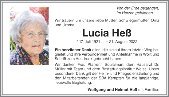 Traueranzeige von Lucia Heß von Allgäuer Zeitung,Kempten