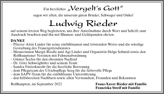 Traueranzeige von Ludwig Rieder von Allgäuer Zeitung, Füssen