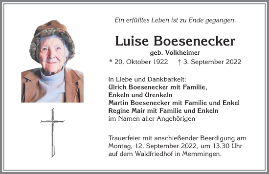 Traueranzeige von Luise Boesenecker von Allgäuer Anzeigeblatt