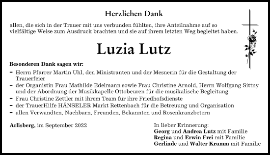 Traueranzeige von Luzia Lutz von Memminger Zeitung