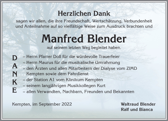 Traueranzeige von Manfred Blender von Allgäuer Zeitung,Kempten