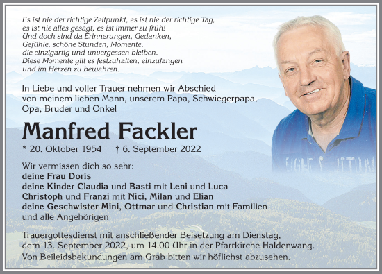Traueranzeige von Manfred Fackler von Allgäuer Zeitung,Kempten