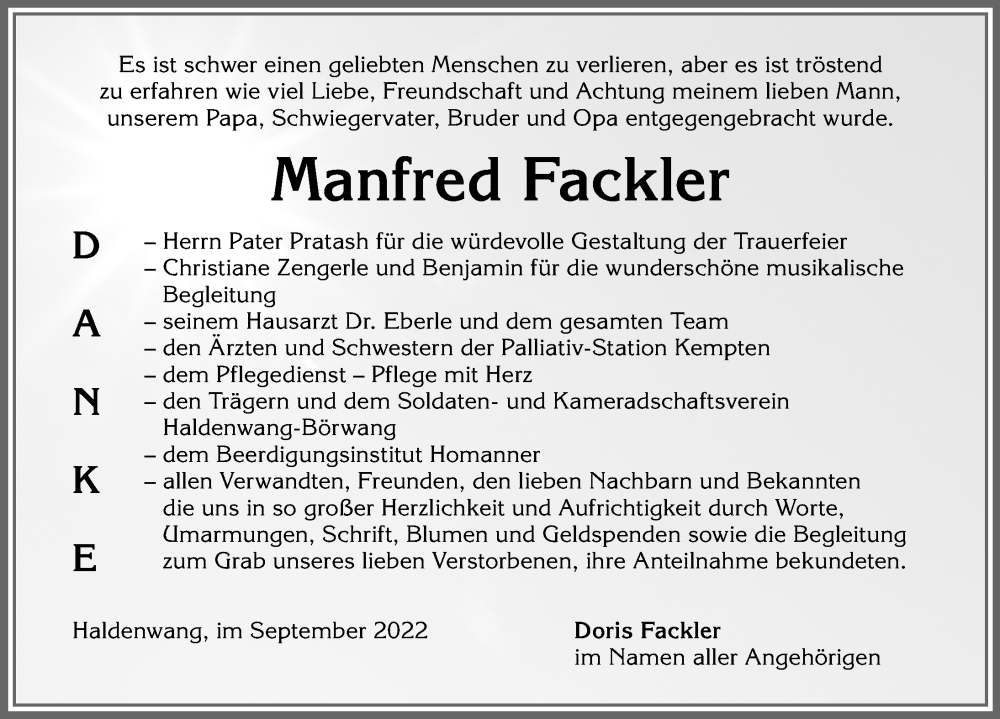  Traueranzeige für Manfred Fackler vom 22.09.2022 aus Allgäuer Zeitung,Kempten