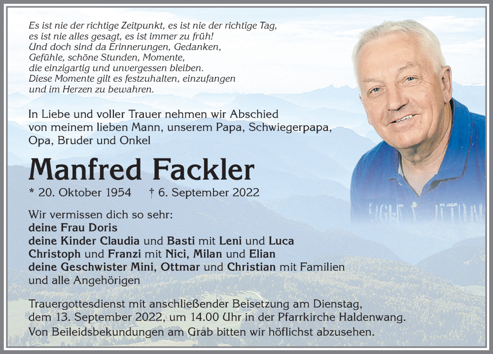  Traueranzeige für Manfred Fackler vom 10.09.2022 aus Allgäuer Zeitung,Kempten