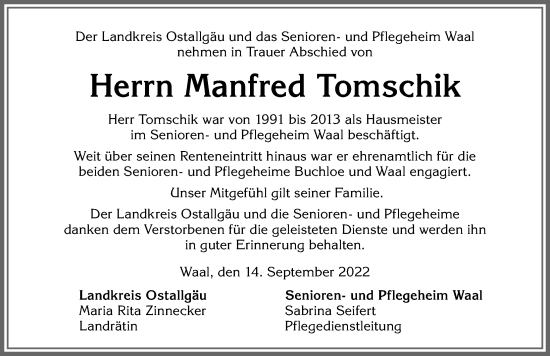 Traueranzeige von Manfred Tomschik von Allgäuer Zeitung, Kaufbeuren/Buchloe