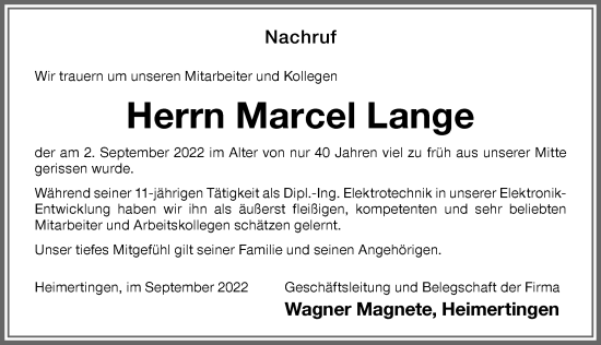 Traueranzeige von Marcel Lange von Memminger Zeitung