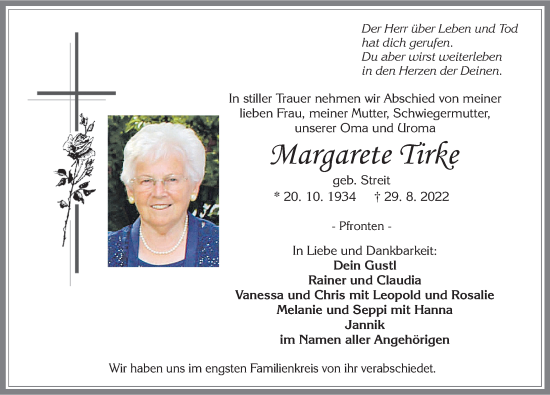 Traueranzeige von Margarete Tirke von Allgäuer Zeitung, Füssen