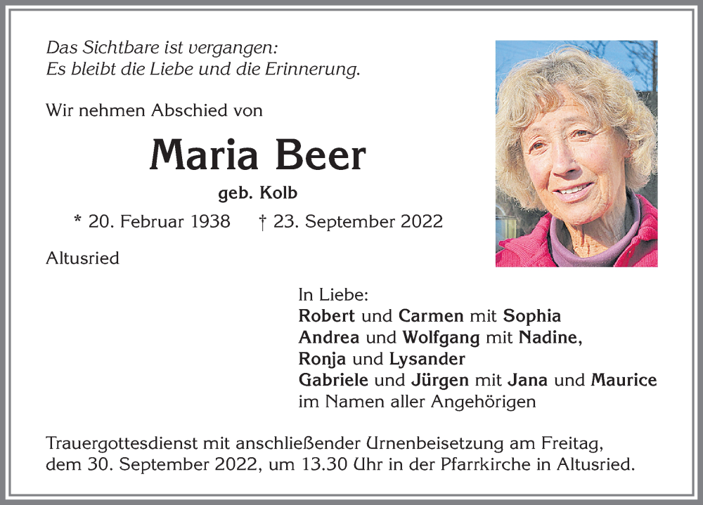  Traueranzeige für Maria Beer vom 28.09.2022 aus Allgäuer Zeitung,Kempten