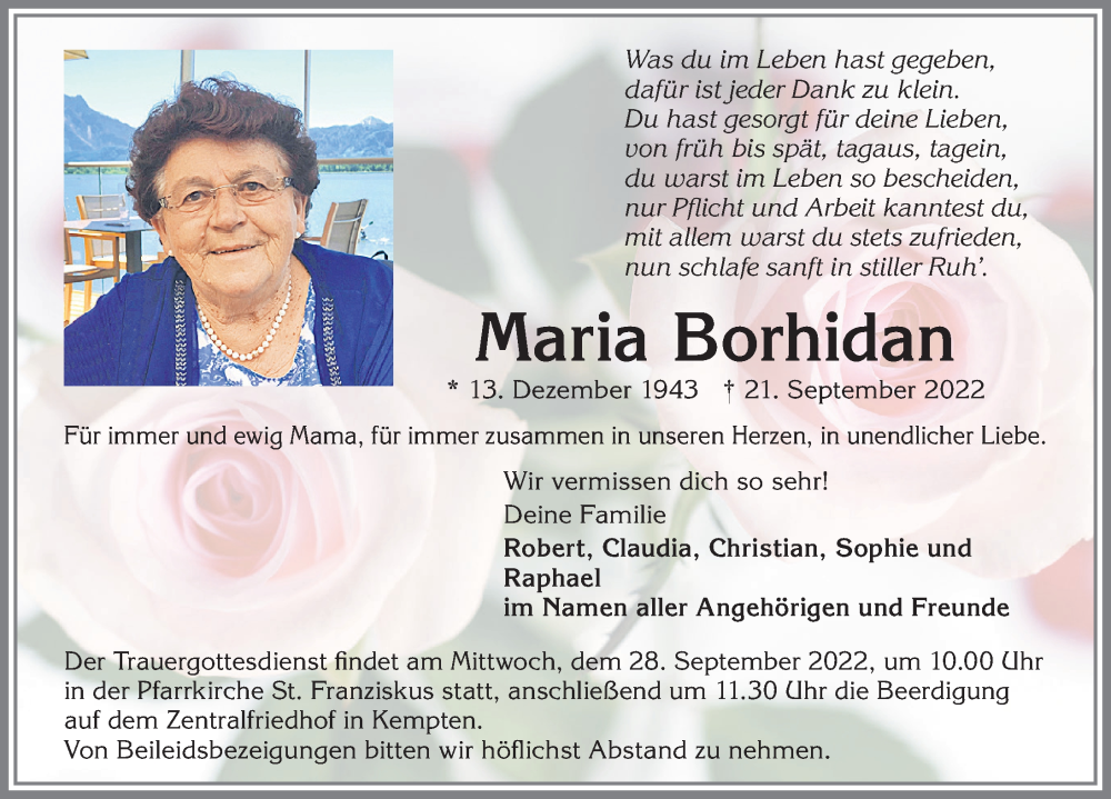  Traueranzeige für Maria Borhidan vom 24.09.2022 aus Allgäuer Zeitung,Kempten