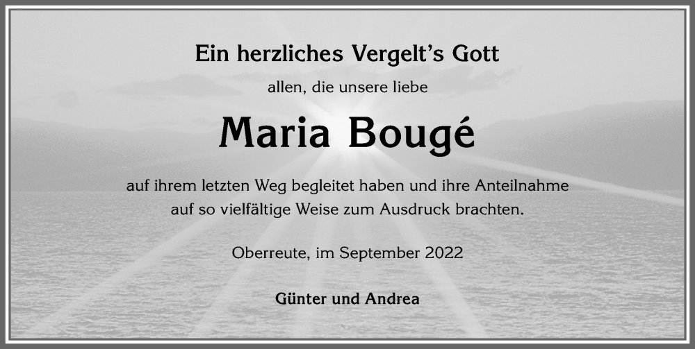  Traueranzeige für Maria Bougé vom 26.09.2022 aus Allgäuer Anzeigeblatt