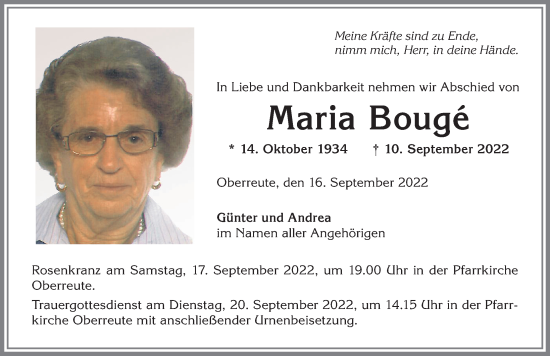 Traueranzeige von Maria Bougé von Allgäuer Anzeigeblatt