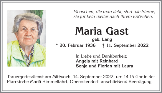 Traueranzeige von Maria Gast von Allgäuer Zeitung, Kaufbeuren/Buchloe
