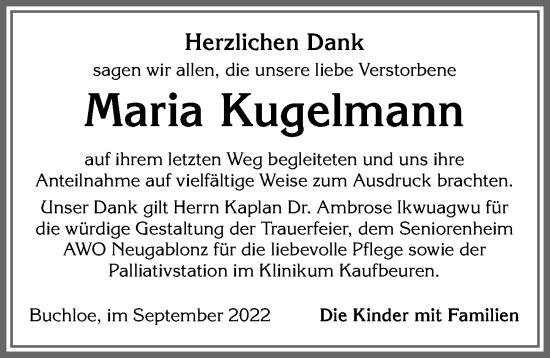 Traueranzeige von Maria Kugelmann von Allgäuer Zeitung, Kaufbeuren/Buchloe