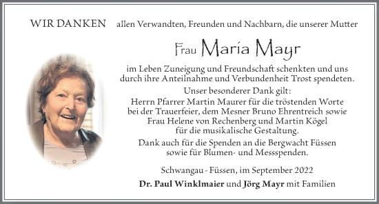 Traueranzeige von Maria Mayr von Allgäuer Zeitung, Füssen