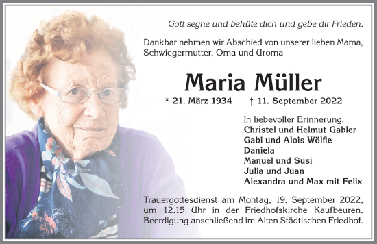 Traueranzeige von Maria Müller von Allgäuer Zeitung, Kaufbeuren/Buchloe