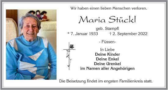 Traueranzeige von Maria Stückl von Allgäuer Zeitung, Füssen