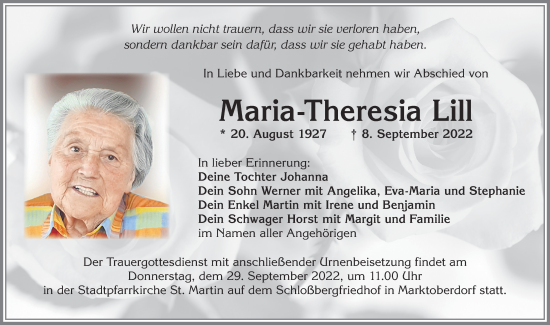 Traueranzeige von Maria-Theresia Lill von Allgäuer Zeitung, Marktoberdorf
