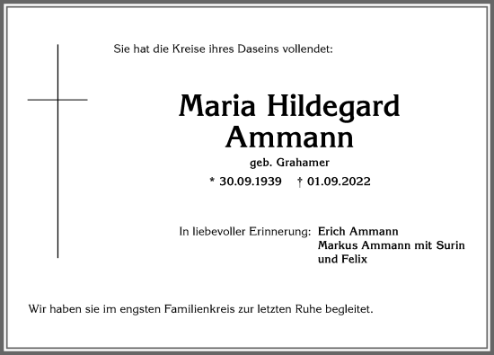 Traueranzeige von Maria Hildegard Ammann von Allgäuer Anzeigeblatt
