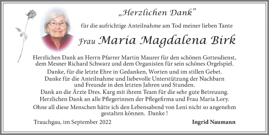 Traueranzeige von Maria Magdalena Birk von Allgäuer Zeitung, Füssen