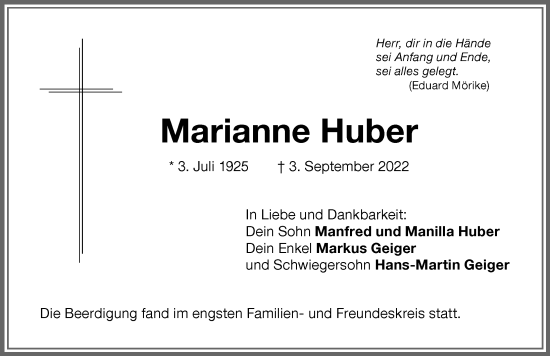 Traueranzeige von Marianne Huber von Memminger Zeitung