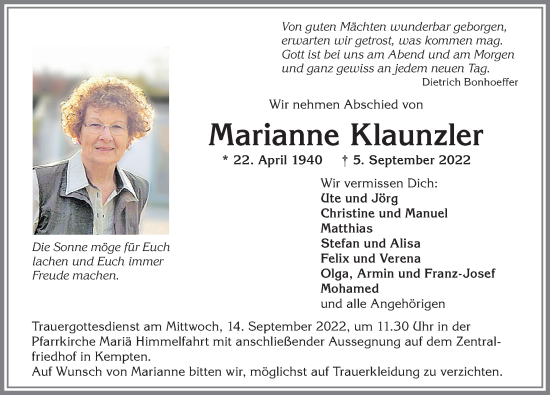 Traueranzeige von Marianne Klaunzler von Allgäuer Zeitung,Kempten