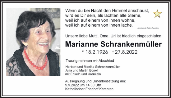Traueranzeige von Marianne Schrankenmüller von Allgäuer Zeitung,Kempten