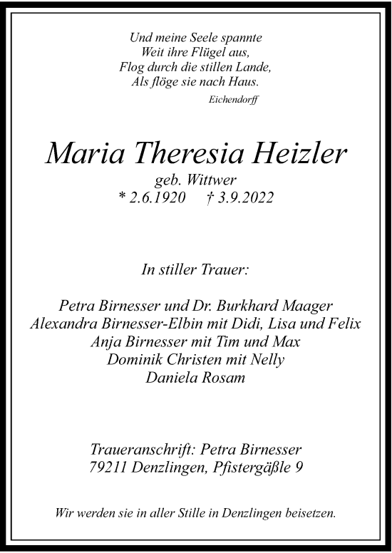 Traueranzeige von Maria Theresia Heizler von Allgäuer Zeitung,Kempten