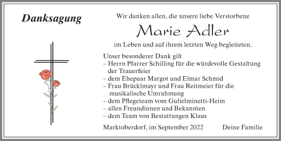 Traueranzeige von Marie Adler von Allgäuer Zeitung, Marktoberdorf