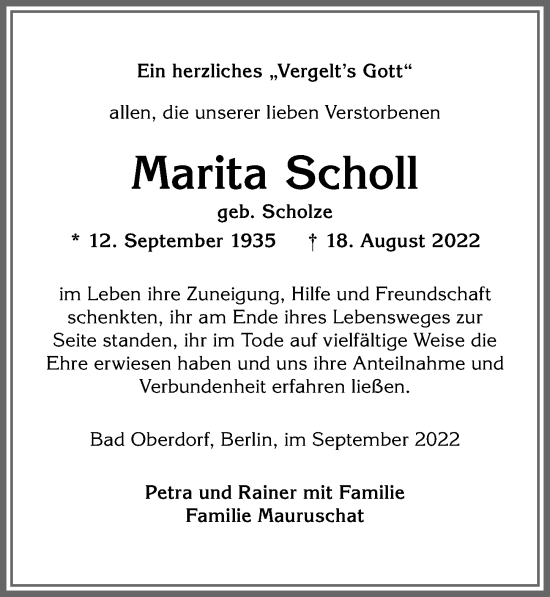 Traueranzeige von Marita Scholl von Allgäuer Anzeigeblatt