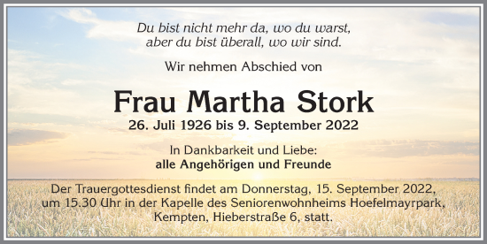 Traueranzeige von Martha Stork von Allgäuer Zeitung,Kempten