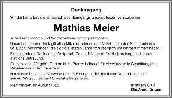 Traueranzeige von Mathias Meier von Memminger Zeitung