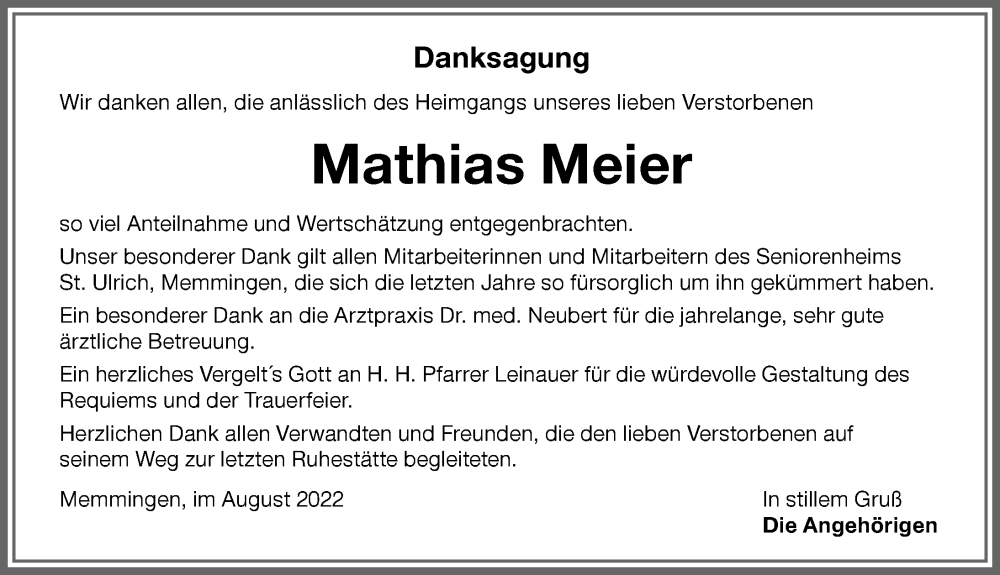  Traueranzeige für Mathias Meier vom 02.09.2022 aus Memminger Zeitung