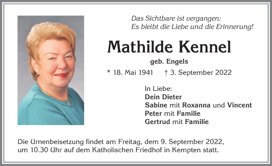 Traueranzeige von Mathilde Kennel von Allgäuer Zeitung,Kempten