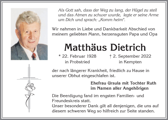 Traueranzeige von Matthäus Dietrich von Allgäuer Zeitung,Kempten