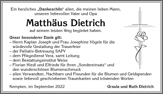 Traueranzeige von Matthäus Dietrich von Allgäuer Zeitung,Kempten