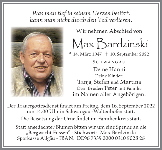 Traueranzeige von Max Bardzinski von Allgäuer Zeitung, Füssen