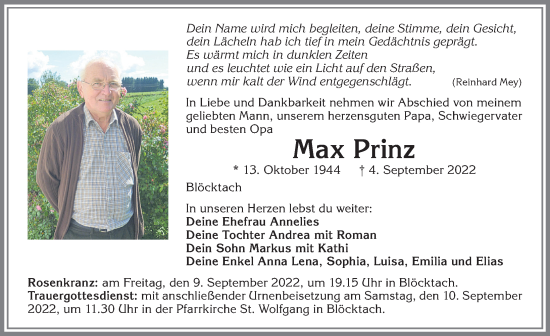 Traueranzeige von Max Prinz von Allgäuer Zeitung, Kaufbeuren/Buchloe