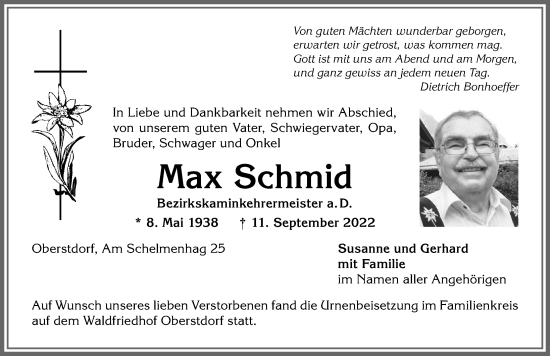Traueranzeige von Max Schmid von Allgäuer Anzeigeblatt