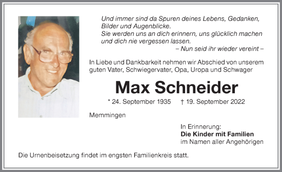 Traueranzeige von Max Schneider von Memminger Zeitung