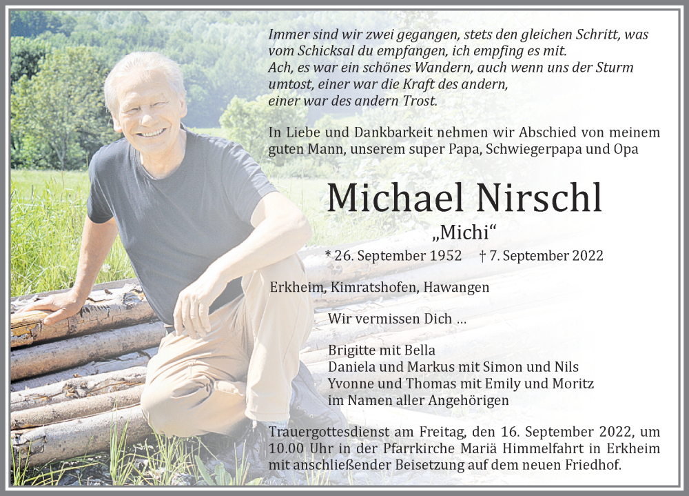  Traueranzeige für Michael Nirschl vom 12.09.2022 aus Memminger Zeitung