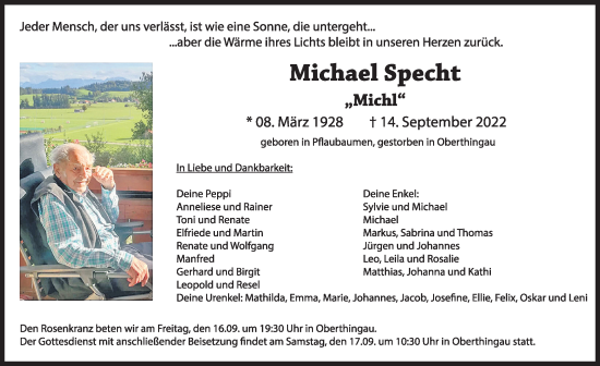 Traueranzeige von Michael Specht von Allgäuer Zeitung, Marktoberdorf
