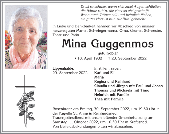 Traueranzeige von Mina Guggenmos von Allgäuer Zeitung, Marktoberdorf