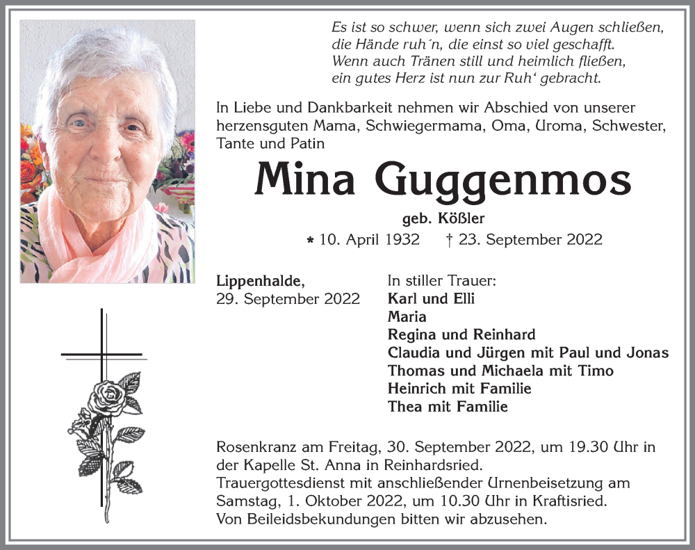  Traueranzeige für Mina Guggenmos vom 29.09.2022 aus Allgäuer Zeitung, Marktoberdorf