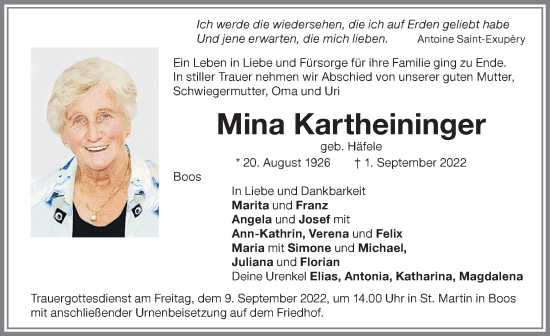 Traueranzeige von Mina Kartheininger von Memminger Zeitung