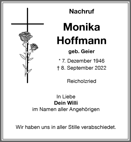 Traueranzeige von Monika Hoffmann von Allgäuer Zeitung,Kempten