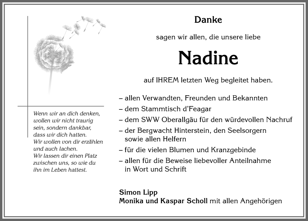  Traueranzeige für Nadine Lipp vom 07.09.2022 aus Allgäuer Anzeigeblatt