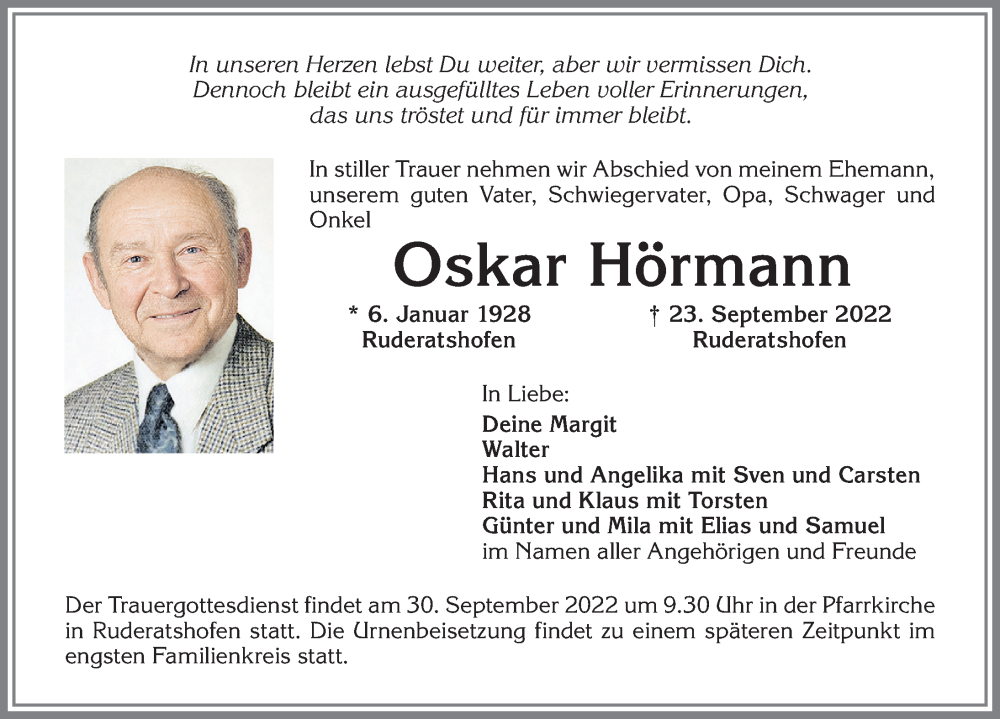  Traueranzeige für Oskar Hörmann vom 28.09.2022 aus Allgäuer Zeitung, Kaufbeuren/Buchloe