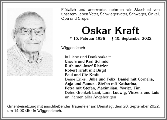 Traueranzeige von Oskar Kraft von Allgäuer Zeitung,Kempten