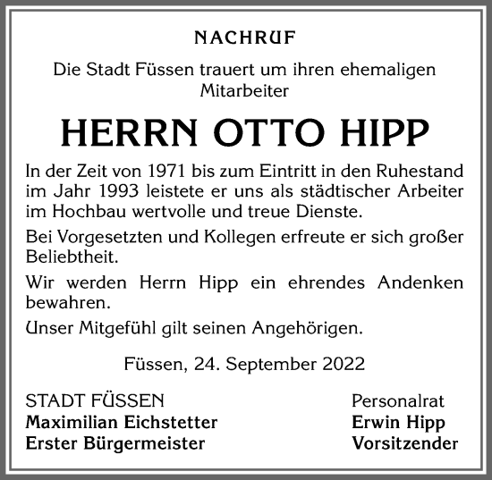 Traueranzeige von Otto Hipp von Allgäuer Zeitung, Füssen